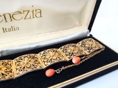 Antique Italian Gilt Silver Filigree Panel Bracelet, Natural Salmon Coral Drops