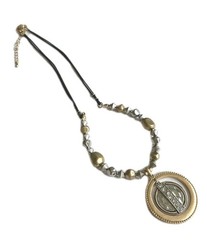 Antique gold tone necklace / Tricolor Disk pendant with clear crystals