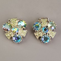 Vintage Rhinestones Earrings Clip On Aurora Borealis Climber Gold Tone 3/4″