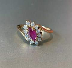 VINTAGE 14K YELLOW GOLD RED NAVETTE MARQUISE CUT GENUINE RUBY AND DIAMONDS RING