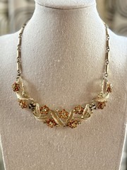 Vintage 1950s–1960s Amber & Citrine Rhinestone Floral Necklace Mid-Century