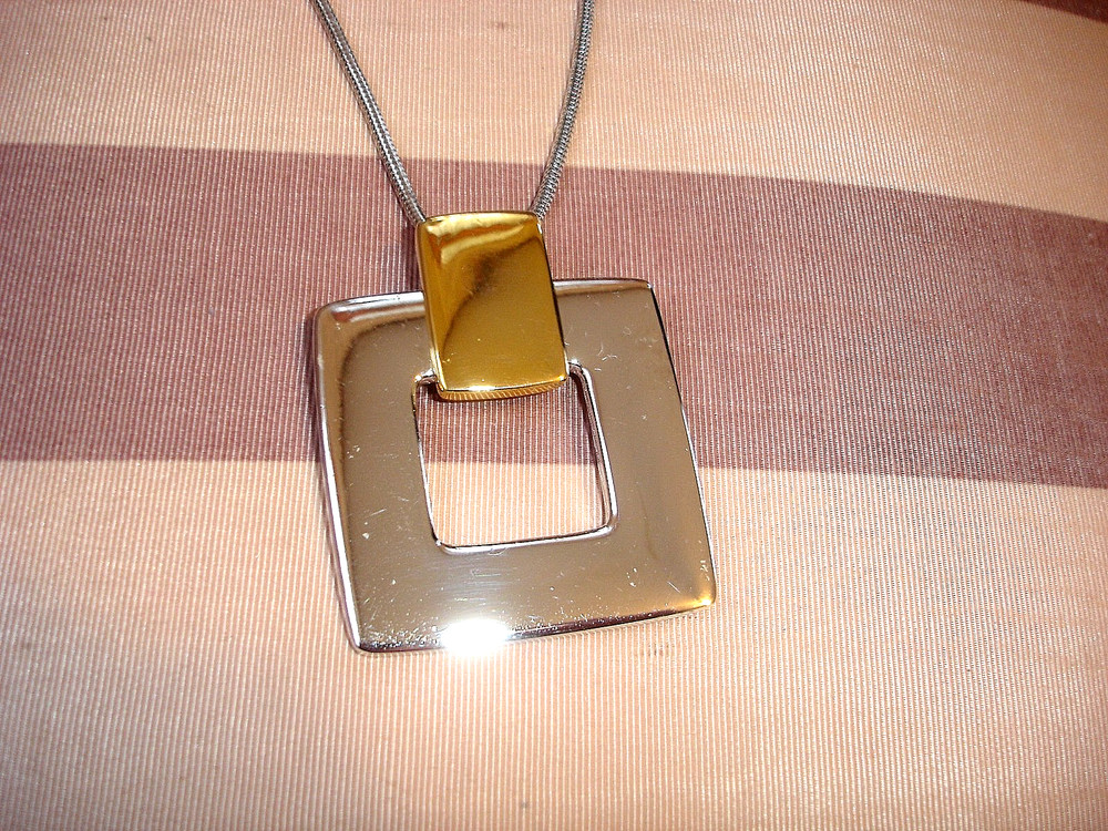 Vintage LR Lady Remington 2″ Silver Gold Square Pin/Pendant Silver Tone Necklace