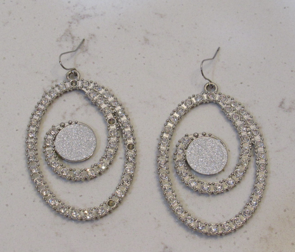 Silver Tone Dangle Drop Circle Earrings Oval Rhinestones Party Retro Elegant