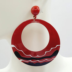 Large Metal Hoop Red Black White Enamel Hand Painted Pierced Vintage Earrings