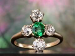 Antique Edwardian Cluster Ring 2.1 Ct Lab Created Emerald 14k Yellow Gold Plated