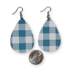 VTG Chunky Teal & White Plaid Lightweight Teardrop Everyday Earrings 3″