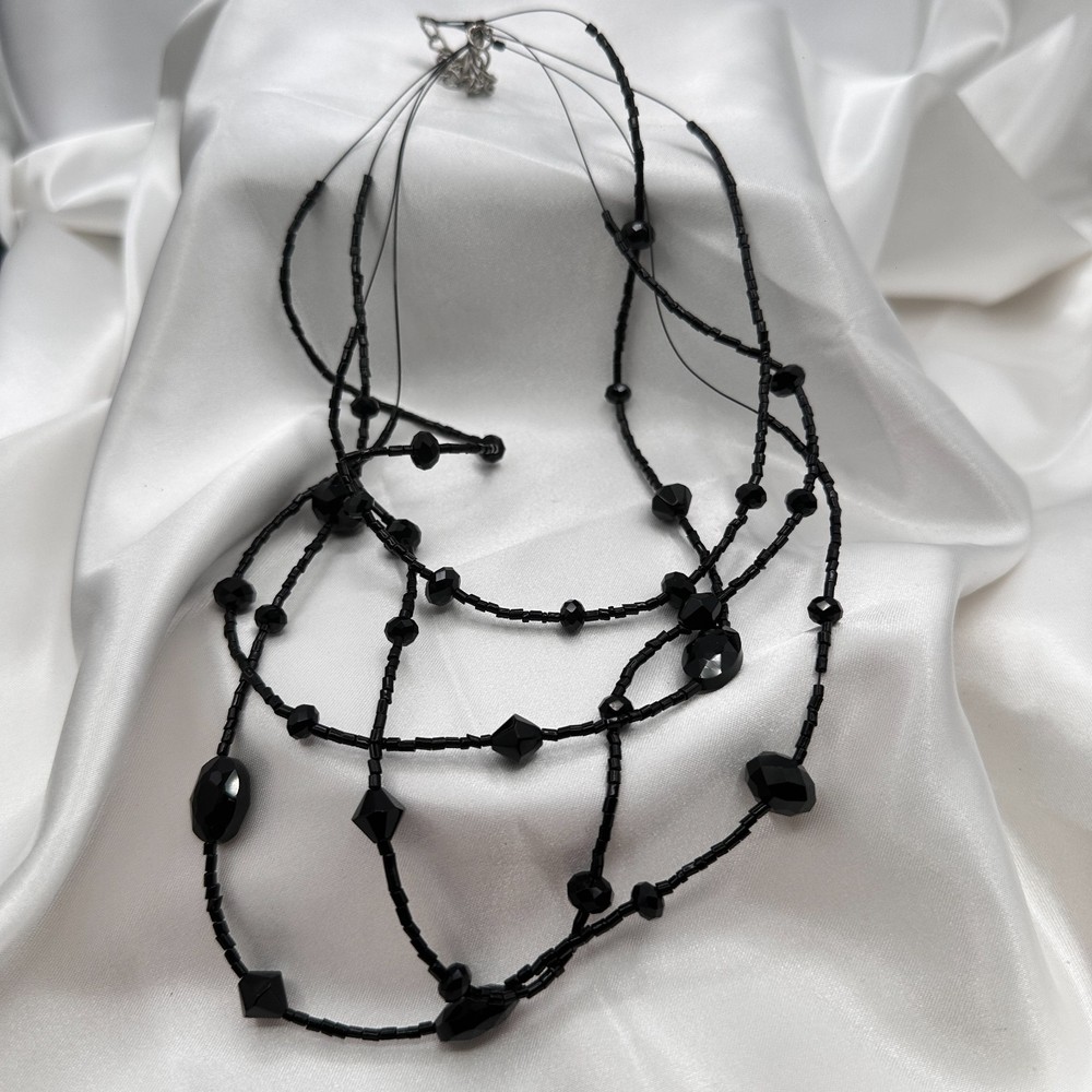 Vintage 90s Black Glass Multi Strand Layered Statement Necklace Boho Chic Goth