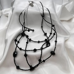 Vintage 90s Black Glass Multi Strand Layered Statement Necklace Boho Chic Goth