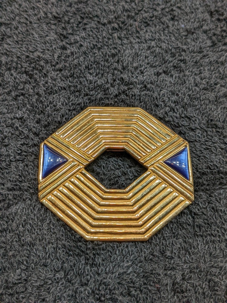 Vtg Geometric Gold Tone Gallery Originals Brooch 2″ Blue Enamel Art Deco Revival