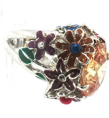 Vintage Floral Cocktail Ring Yellow Faceted Stone Multicolor Enamel Adjustable