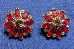 Monet Signed Red Rhinestone Clip On Earrings Gold Tone Marquise Cluster Vintage