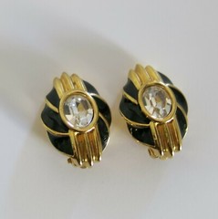 Swarovski Earrings Pierced Clear Crystal Black Enamel in Gold Tone Metal [4701]