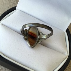 Antique 10k Yellow Gold & Sterling Banded Agate Marquis Navette Ring