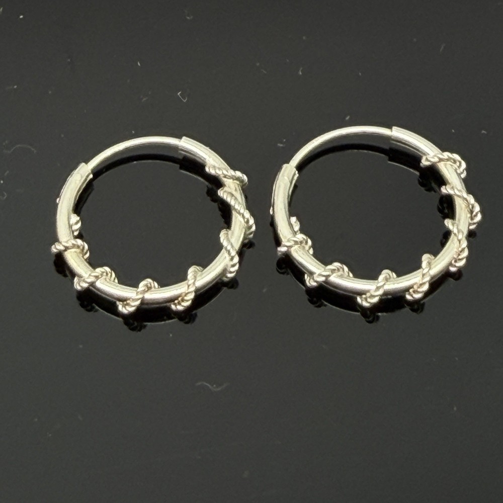 Sterling Silver Wrapped Twisted Rope Wire Hoop Earrings Small 5/8″