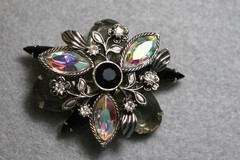 Smoky Gray Glass Oval Stones /AB Marquise Accents Floral Brooch Vintage