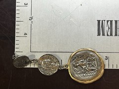 VTG. Etruscan Disc Drop Earrings Zeus Greek Roman Coin Matte Silver Golden 2 7/8