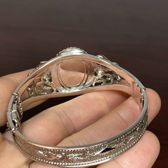 Whiting & Davis Intaglio Lily Flower Cameo Silvertone Hinged Bracelet Mesh Bags