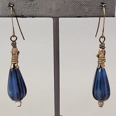 Vintage Czech Glass Bead Pierced Earrings Blue Teardrop Dangles Gold Tone 2.25″