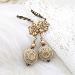 Gold Flower Dangle Earrings: Vintage Style Acrylic Pearl Bead Handmade Jewelry
