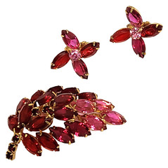 Juliana Pink & Red Marquise Shape Rhinestone Leaf Brooch Clip Earrings Set