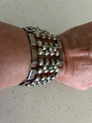 Vintage Silver Mexican Modernist Caviar Link Bracelet W/Small Cabochon Turq Ston