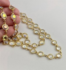 Vintag Bezel Set Austrian AB Clear Crystals Gold Tone Necklace 29.5″ long