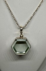 Vintage Aqua Hexagon Glass Locket Pendant Necklace 925 Sterling Silver 20”