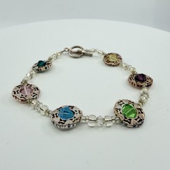 Multicolor Crystal Beaded Bracelet Silver Tone Boho Layering Statement Jewelry