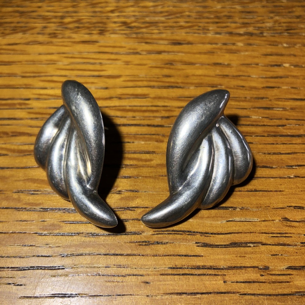 Vintage 925 Sterling Silver Pierced Retro Puffy Scroll Earrings Modernist MCM