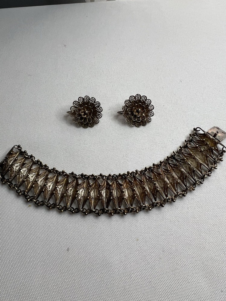 Vintage 800 Silver Filigree Bracelet & Earrings Italy