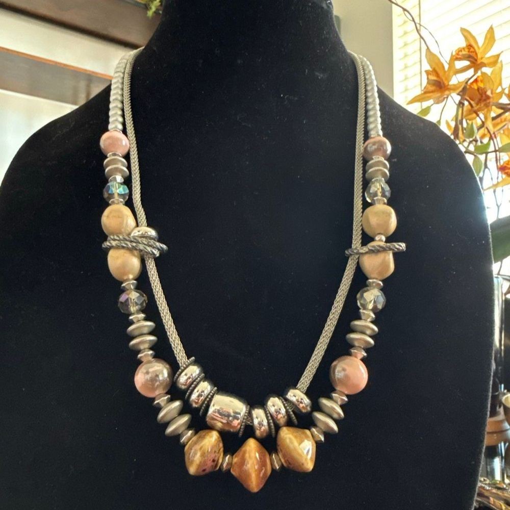 Vintage Statement Necklace Mixed Material Unique Stones 30 Inch Length