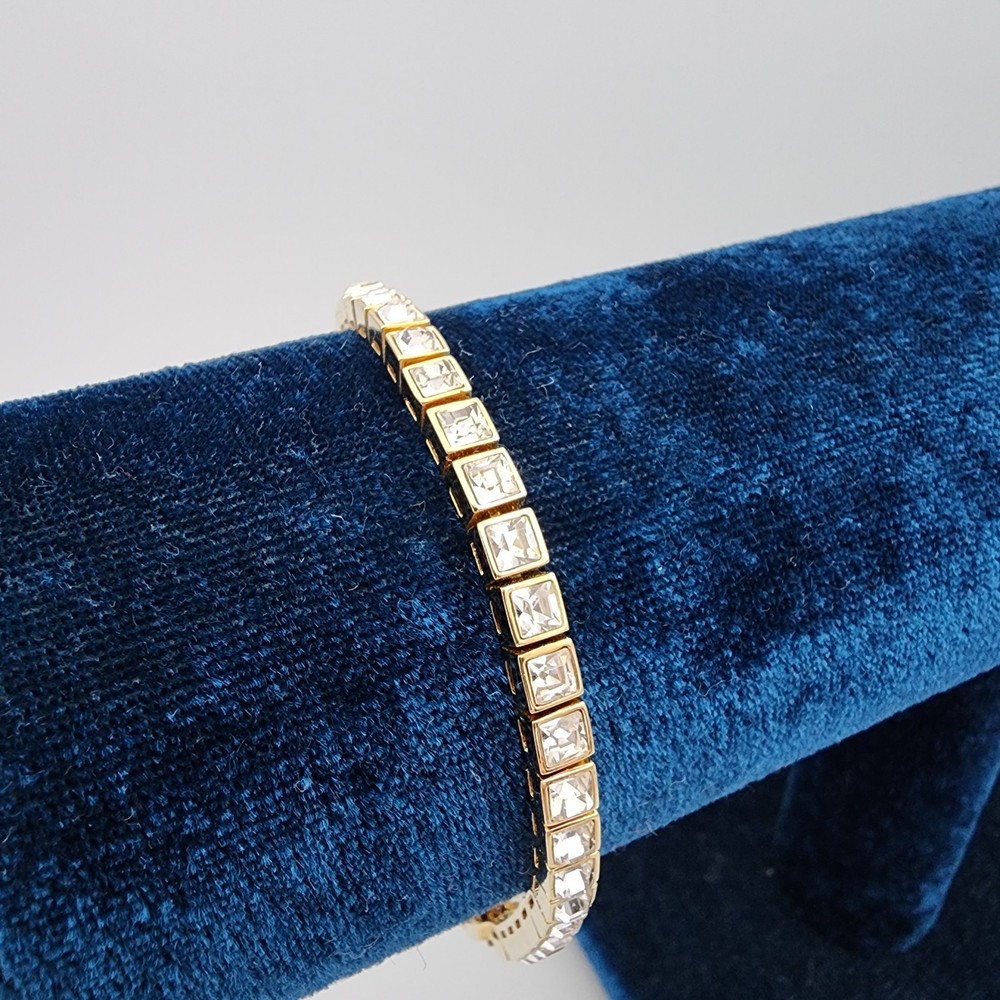 Swarovski Square Shape Crystal Tennis Bracelet Gold Plate Signed Adjustable 4mm