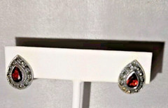 Vintage Sterling 925 & Pear Shape Garnet & Marcasite Post Earrings Thailand