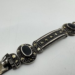 Vintage Sterling Silver 925 Marcasite and Black Onyx Link Bracelet 7.5 Inches