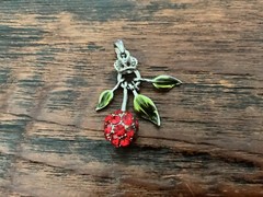 Vintage JUICY COUTURE Rhinestone Red Cherry Pendant Enameled Leaves