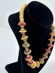 Boho Chic Fashion Wood Rainbow Disc 18” Necklace Vintage Estate Chunky Funky WOW