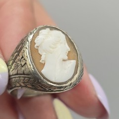 Vintage 925 Sterling Silver Shell Cameo Ring Hand‑Carved Portrait Sz 10.75