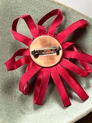 Large Red Beaded Layered Flower w Silk Ribbon Loops Brooch Pin – 3.75 inches in