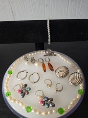 925 jewelry lot w/ fresh pearls Baltic amber and crystals signed