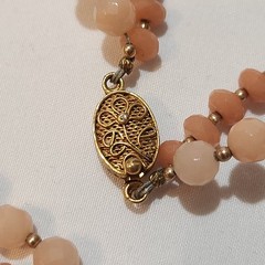 Vintage Multi Strand Peach Coral Bead Necklace Gold Tone Filigree Clasp
