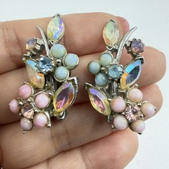 Florenza Vintage Pastel Floral Accented Iridescent Aurora Borealis Clip Earrings
