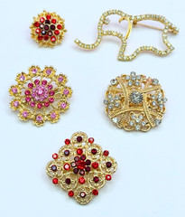 Lot of 5 Gold Tone & Multicolor Rhinestones Brooches Contemporary L-17