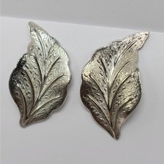 Vintage Silver Leaf Stud Statement Earrings Textured Botanical Nature Boho Chic
