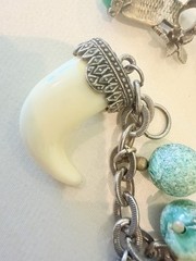 Vintage Silver Tone Charm Bracelet Faux Jade Tusk Boho Missing Stone Repair