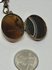 Victorian Double Sided Oval Banded Agate & Agate Locket Pendant Necklace 18”