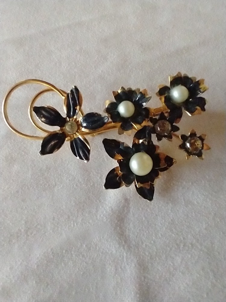 Vintage Rhinestone Enamel Faux Pearl Floral 3″ Brooch Pin Stamped Made Austria