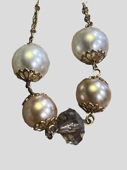 Vintage Gold Tone Necklace Open filagree beads white champagne faux pearls