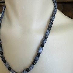 VTG Pendant Necklace 19 Inch Carved Buffalo Snowflake Obsidian Black Onyx Beads