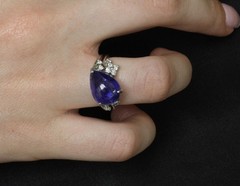 Estate 6.85ct Cabochon Cut Tanzanite & 0.24ct Diamond Platinum Ring Size 5.75