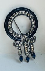 VINTAGE 925 STERLING SILVER ONYX SAPPHIRE MARCASITE ART DECO BROOCH PIN 11-GRAMS